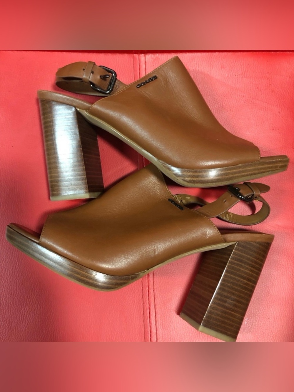Coach Brown Leather Block Heel Slingback Peep-Toe Sandals - Picture 4 of 10